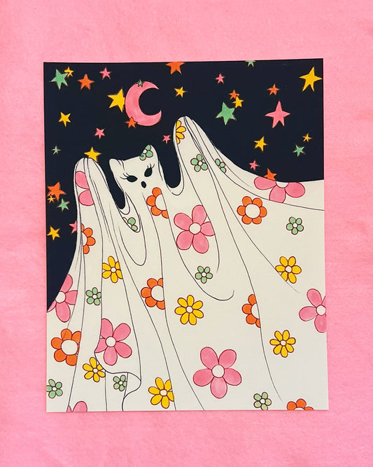 Halloween Edition Print- Flower Sheet Ghost Cat